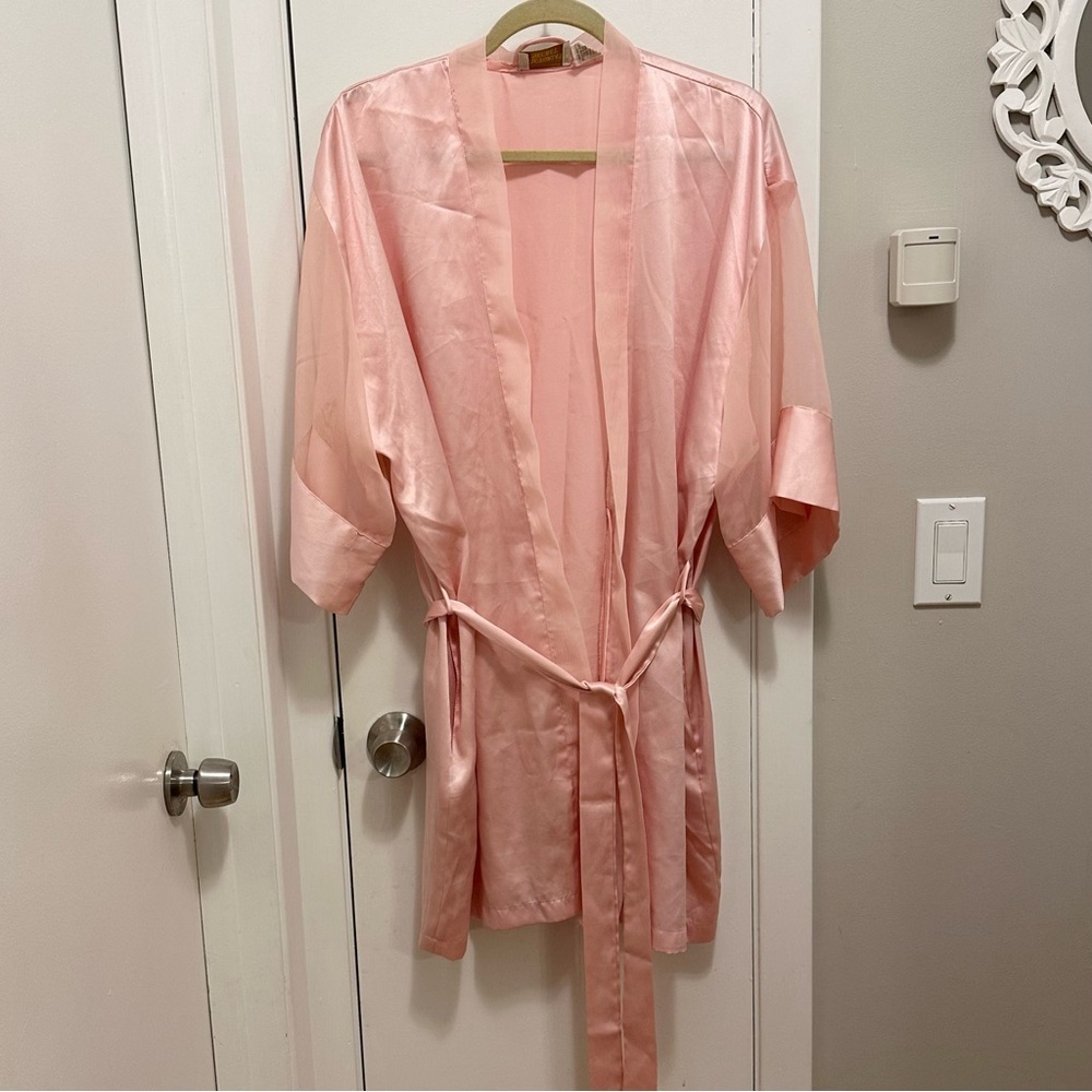 Vintage Victorias Secret Gold Label Baby Pink Sheer & Satin Short Robe w/belt OS
